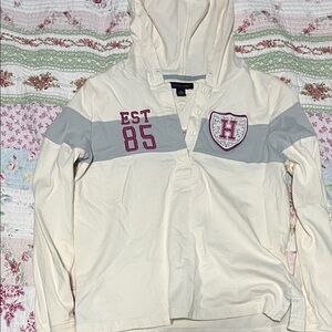 Cream and gray hooded Sweatshirt with purple ccents